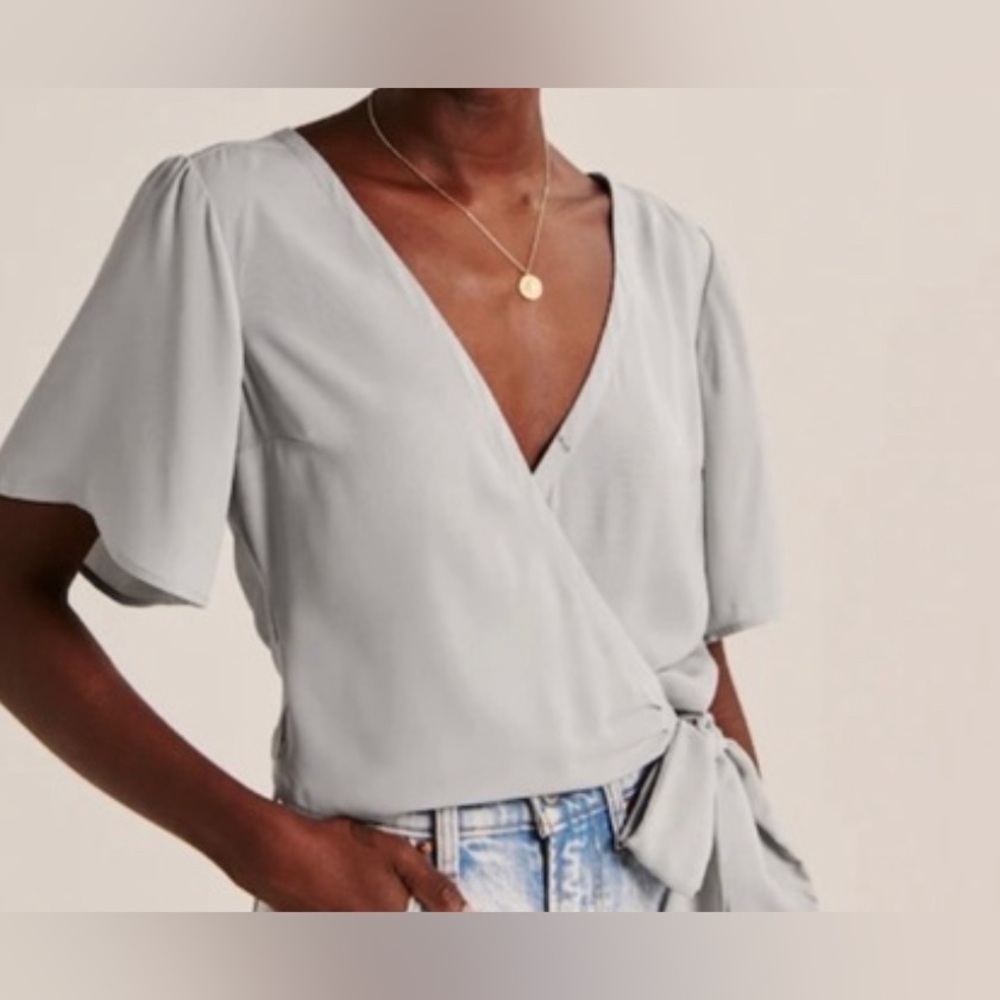 Abercrombie & Fitch Faux Silk Short Sleeve Wrap Blouse - cream